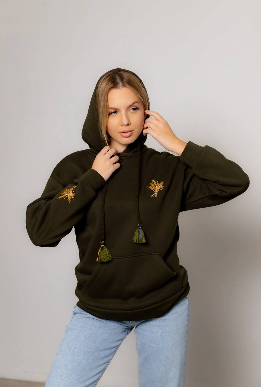 Жіноче вишите худі Колос (хакі) hover image