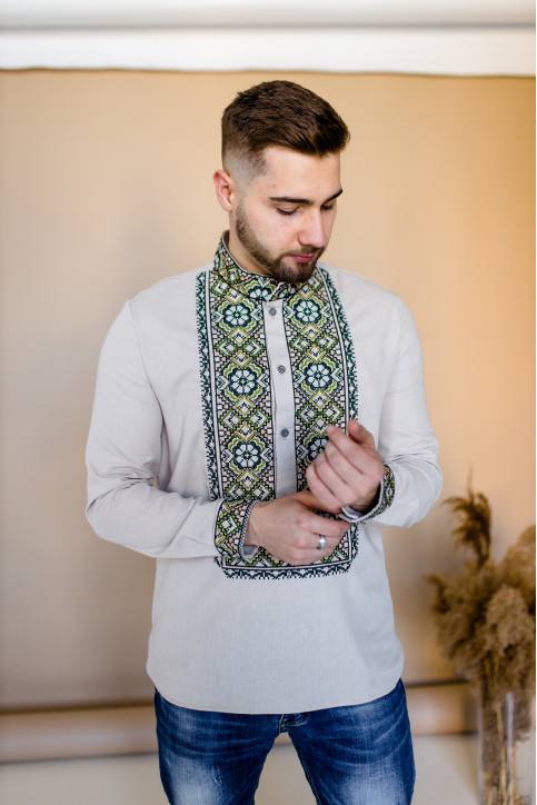 Чоловіча вишиванка Олекса ( бежево-зелений)