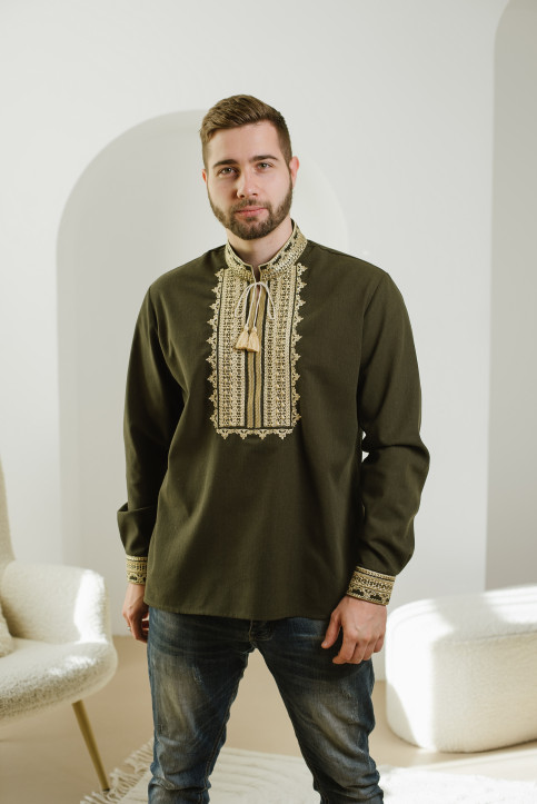 Чоловіча вишиванка Традиція (хакі з золотим)