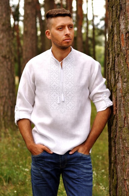 Чоловіча вишиванка Акація (біла з сірим)