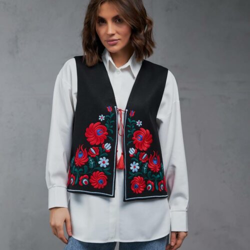 Жіноча вишита жилетка Петриківка (чорна) - XL