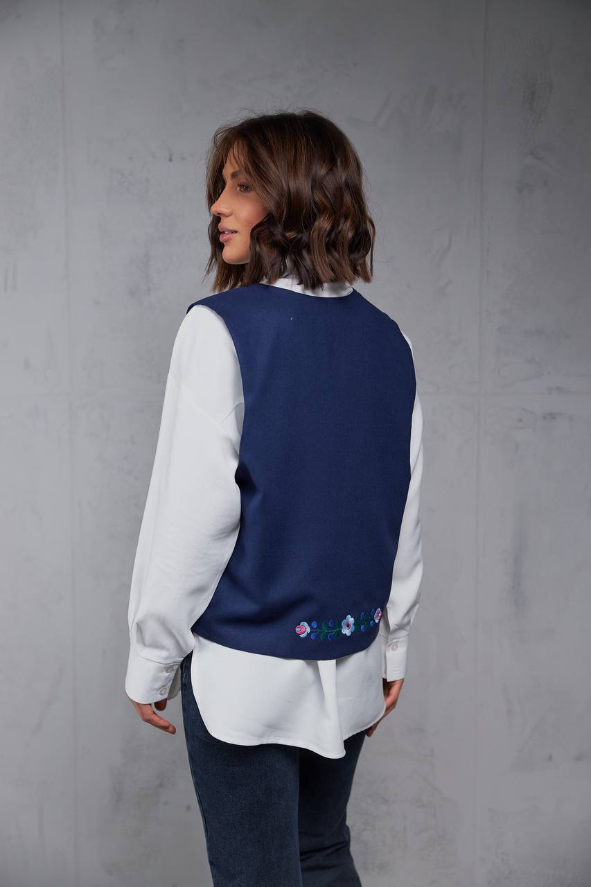 Жіноча вишита жилетка Петриківка (темно-синя)