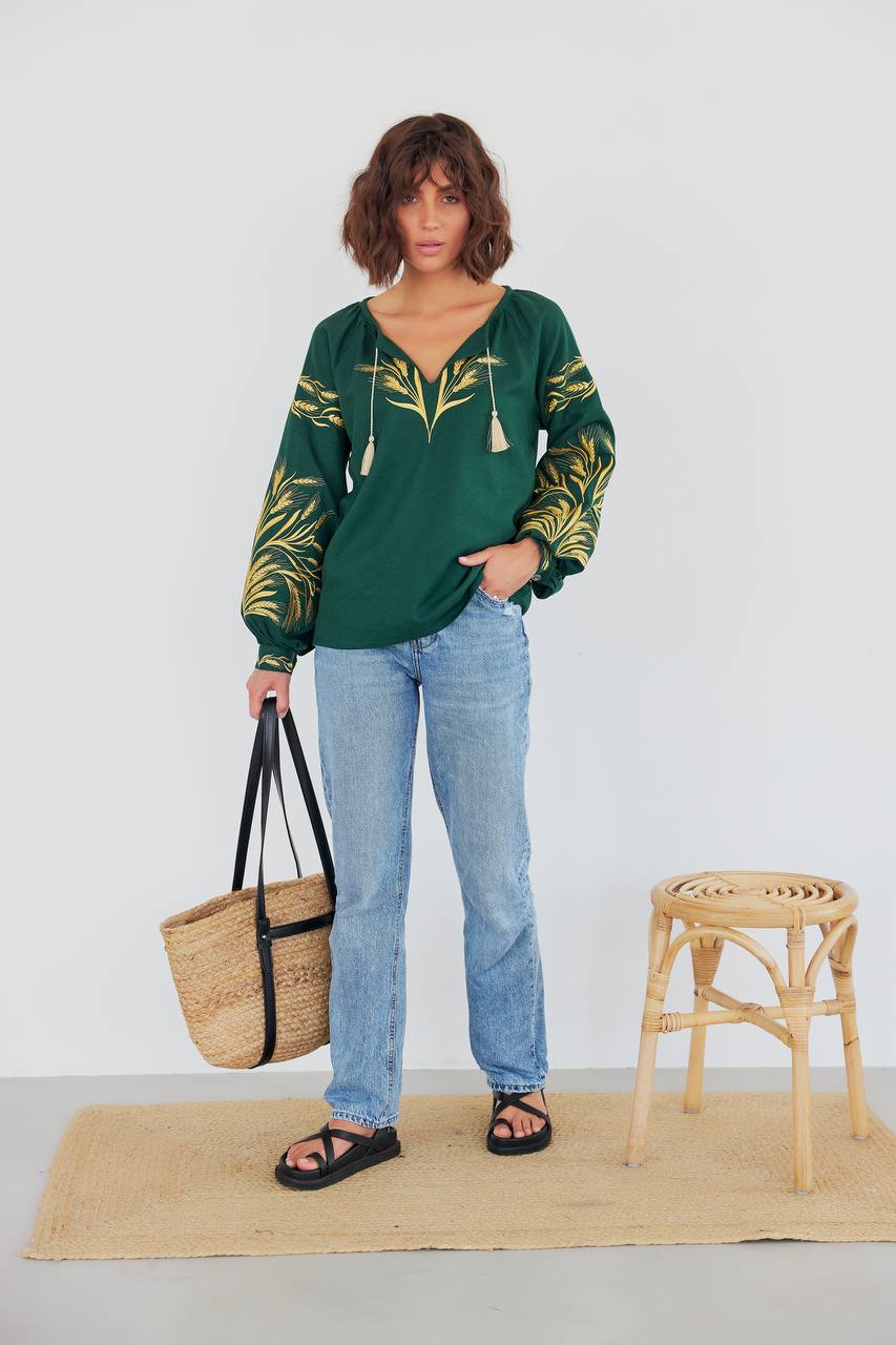 Жіноча вишиванка Колосся (зелена)