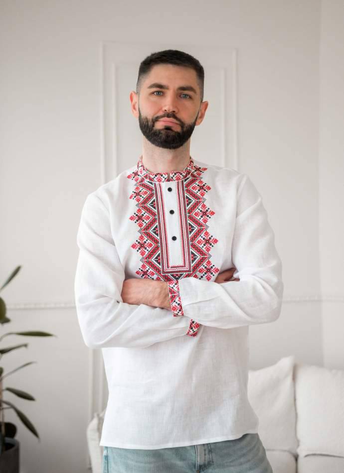 Чоловіча вишиванка Червона рута (біла)