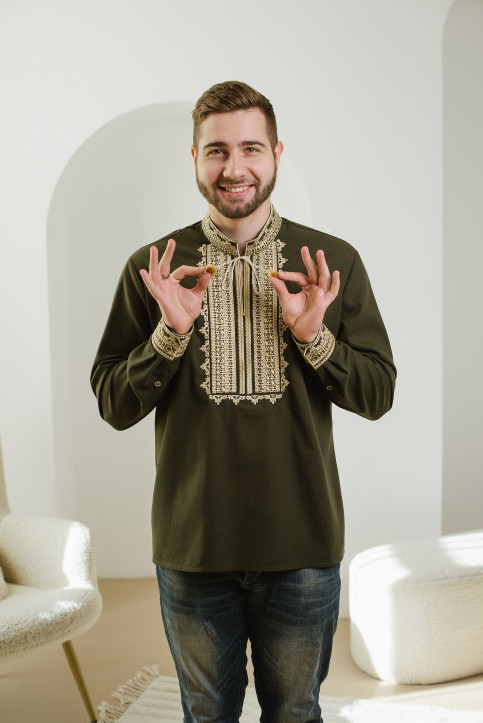 Чоловіча вишиванка Традиція (хакі з золотим) hover image
