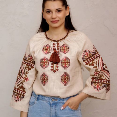 Жіноча вишиванка Богуслава  (бежева з вишневим) - 2XL
