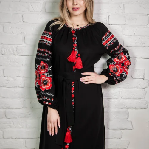 Жіноча вишита сукня Вогняна пелюстка (чорна) - 2XL