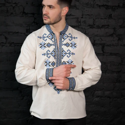 Чоловіча вишиванка Козацька (меланж-блакитна) - XL