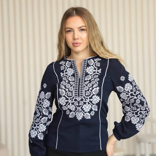 Жіноча вишиванка Влада (темно-синя) - 2XL