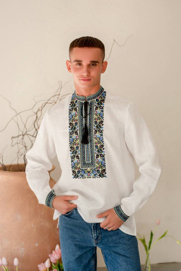 Чоловіча вишита сорочка Борщівська  (біла з синім)