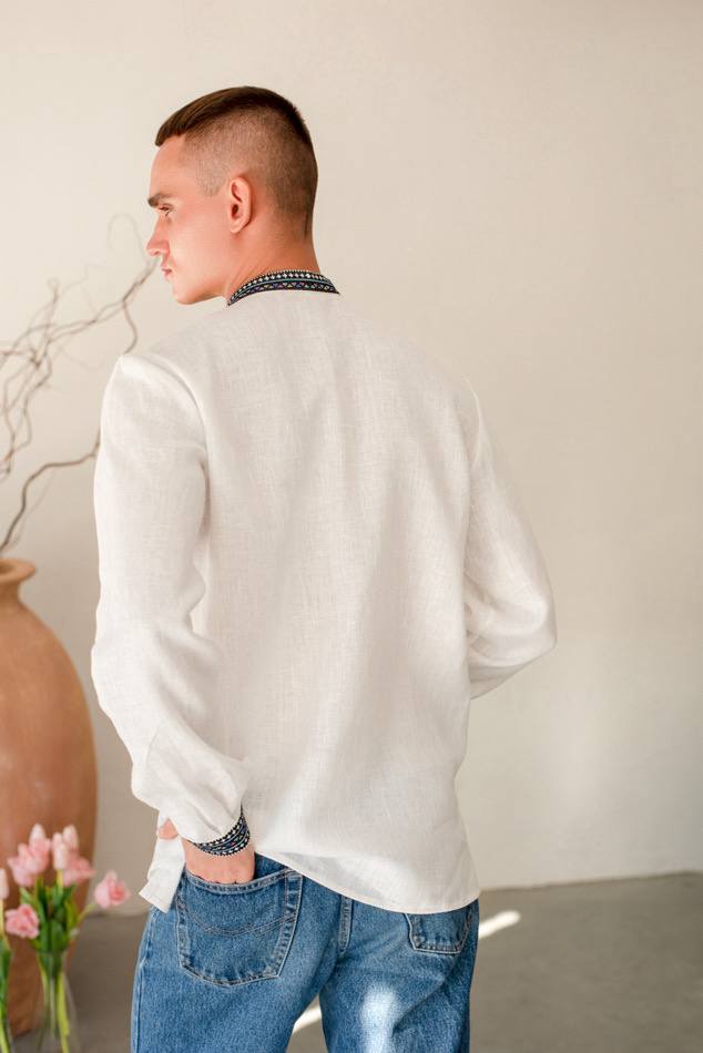 Чоловіча вишита сорочка Борщівська  (біла з синім)