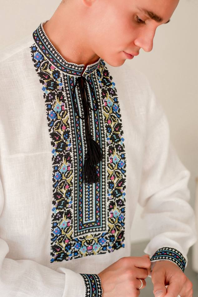 Чоловіча вишита сорочка Борщівська  (біла з синім)