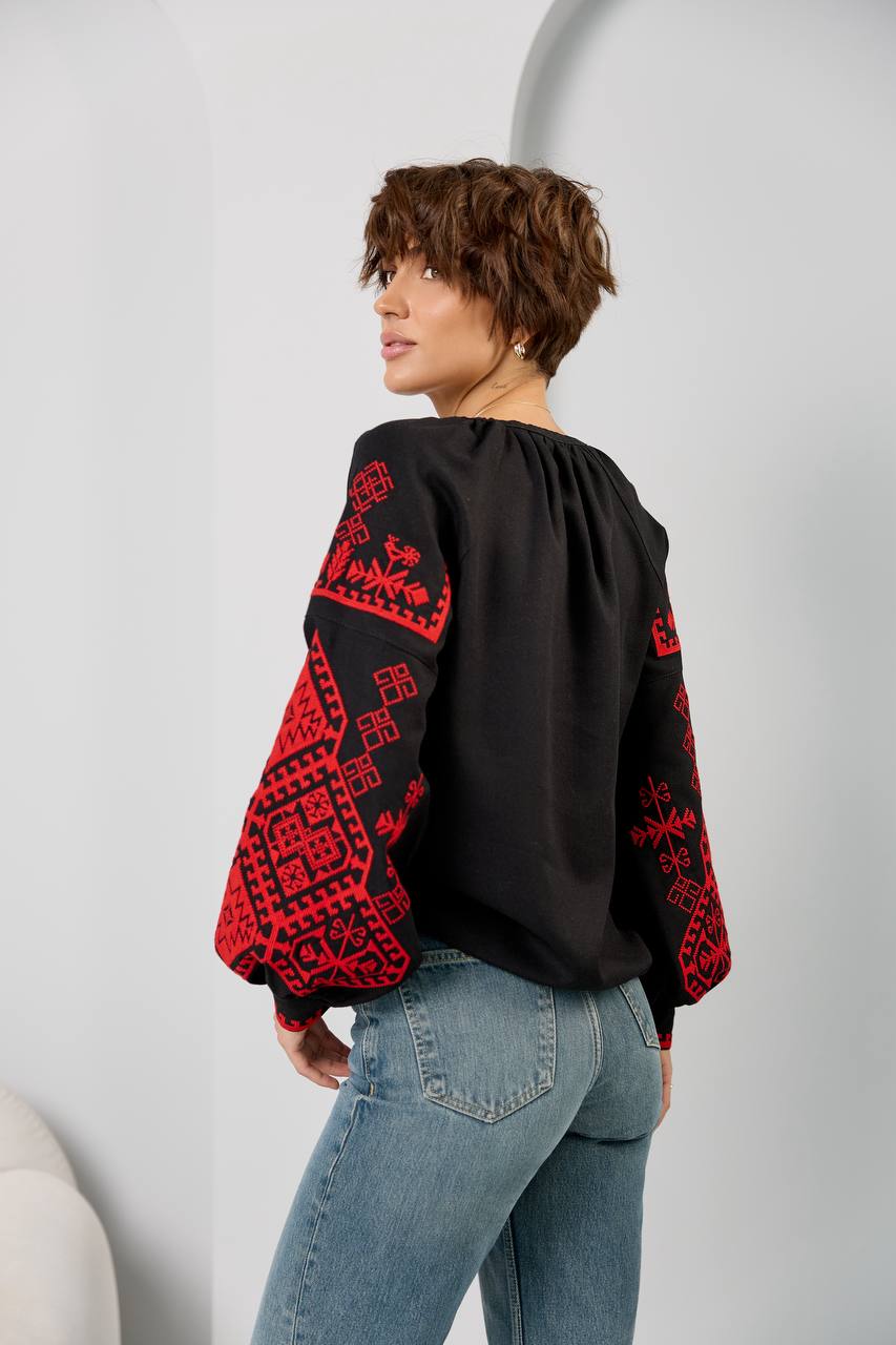 Жіноча вишиванка Оберіг (чорно-червона)