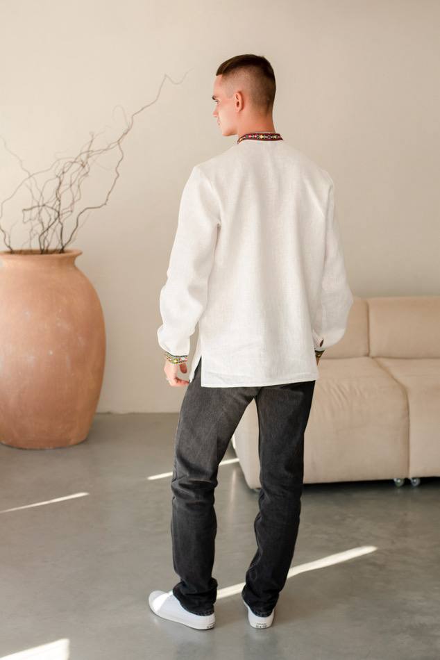 Чоловіча вишита сорочка Борщівська  (біла з червоним)