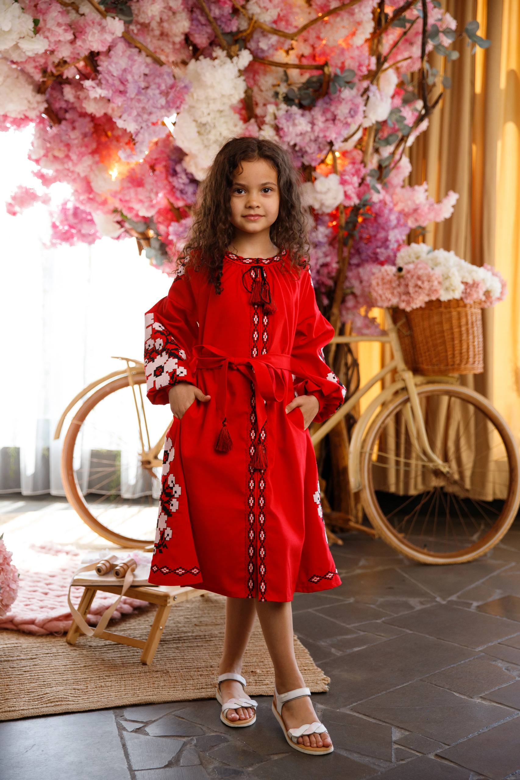 Вишита сукня для дівчинки Квіти Праги (червона) hover image