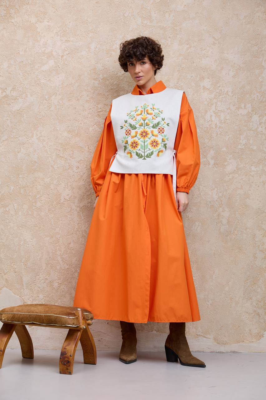 Жіноча вишита манішка Дерево життя  (біла з оранжевим)