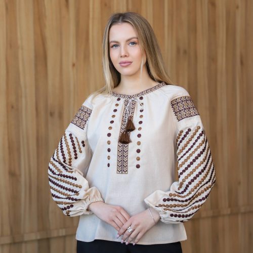 Жіноча вишиванка Злагода (молочна з коричневим) - 2XL