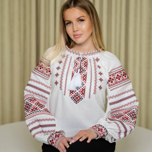 Жіноча вишиванка Оксана (молочна з червоним) - 2XL