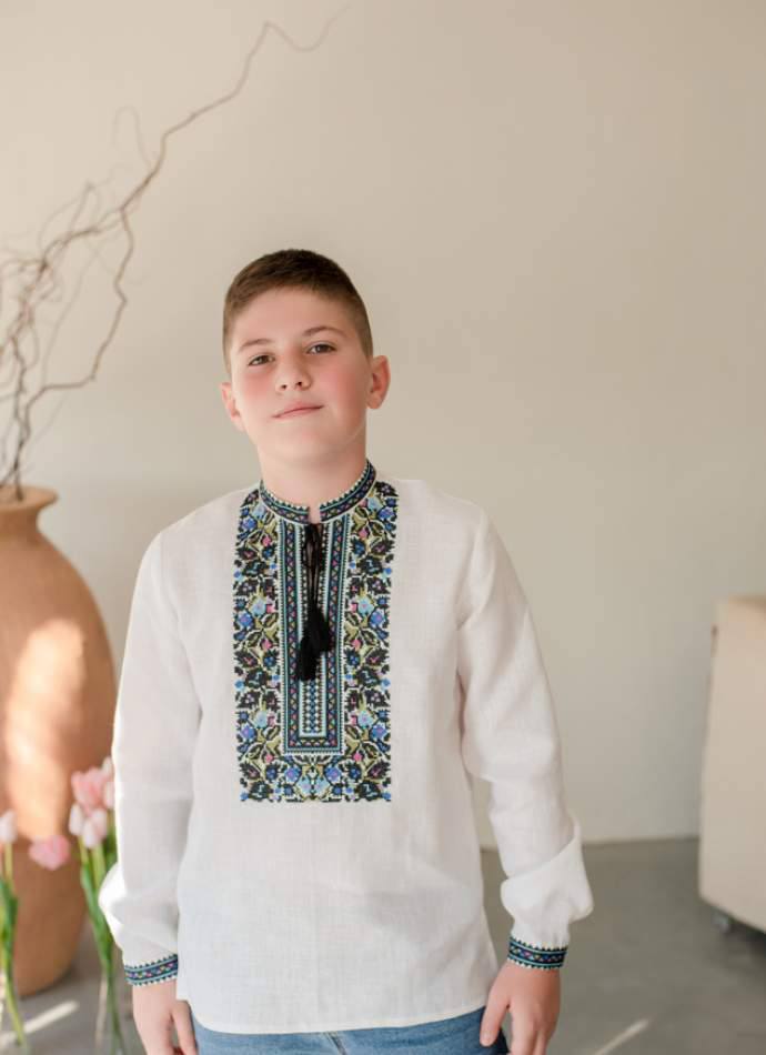 Вишиванка для хлопчика Борщівська (біла з блакитним )