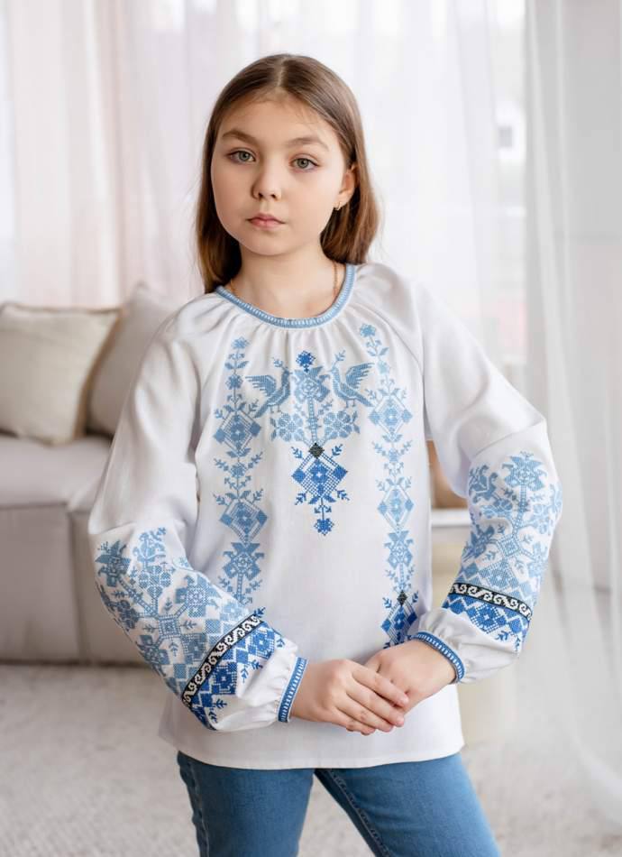 Вишиванка для дівчинки Дивоптахи (біла з блакитним)