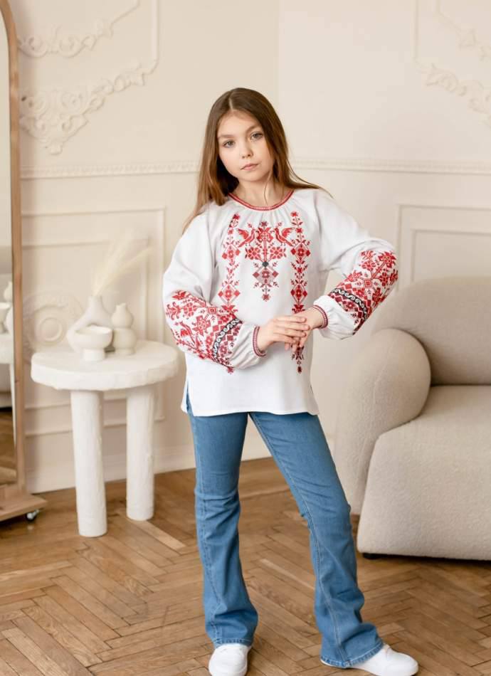 Вишиванка для дівчинки Дивоптахи (біла з червоним)