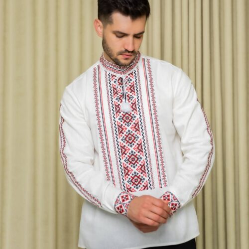 Чоловіча вишиванка Северин (молочна з червоним) - S