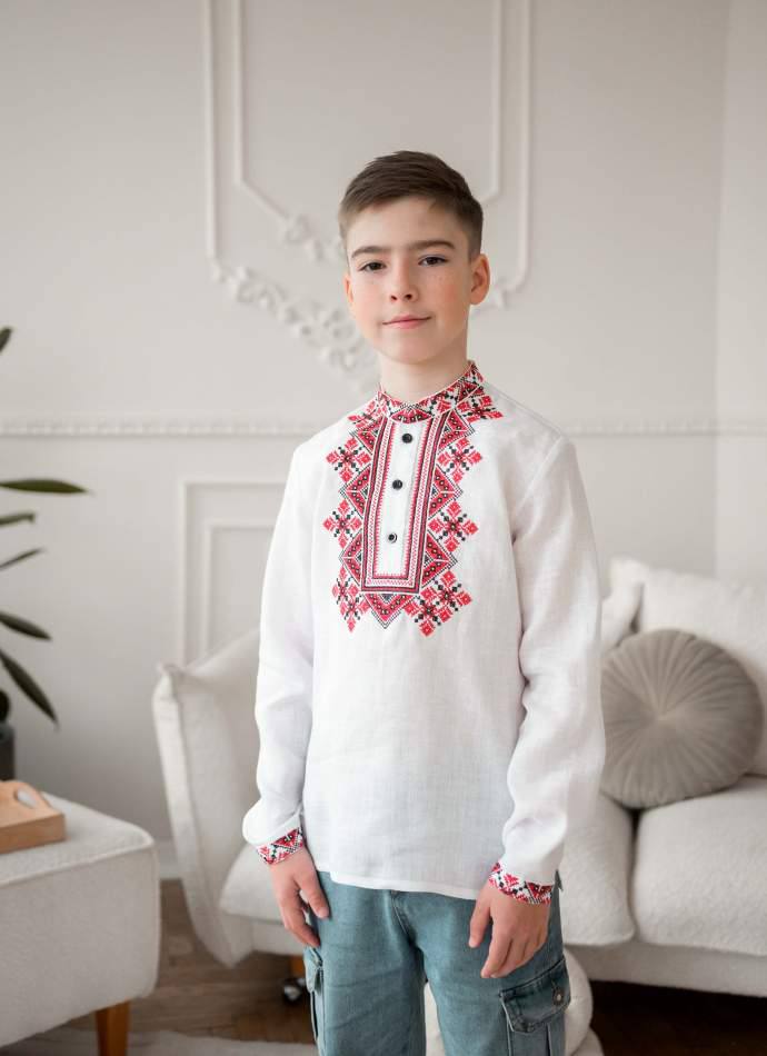 Вишиванка для хлопчика Червона рута (біла)